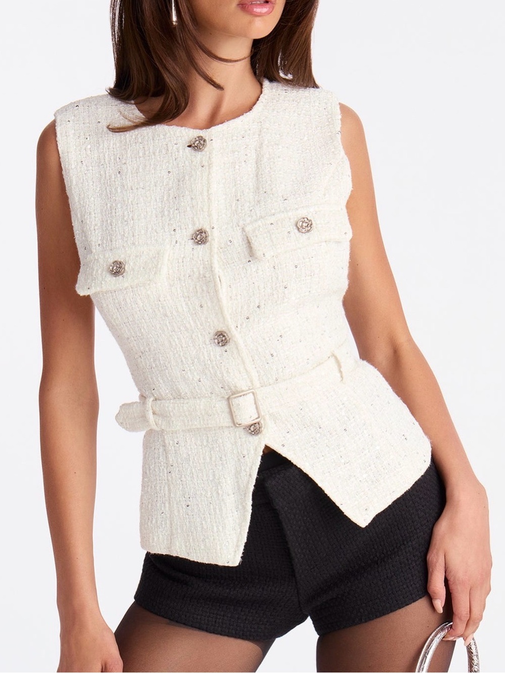 White Tweed Belted Vest | Sparkle Texture | NWT